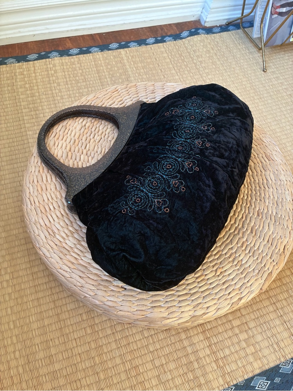 Anna Sui Black Velvet Embroidered Shoulder Bag